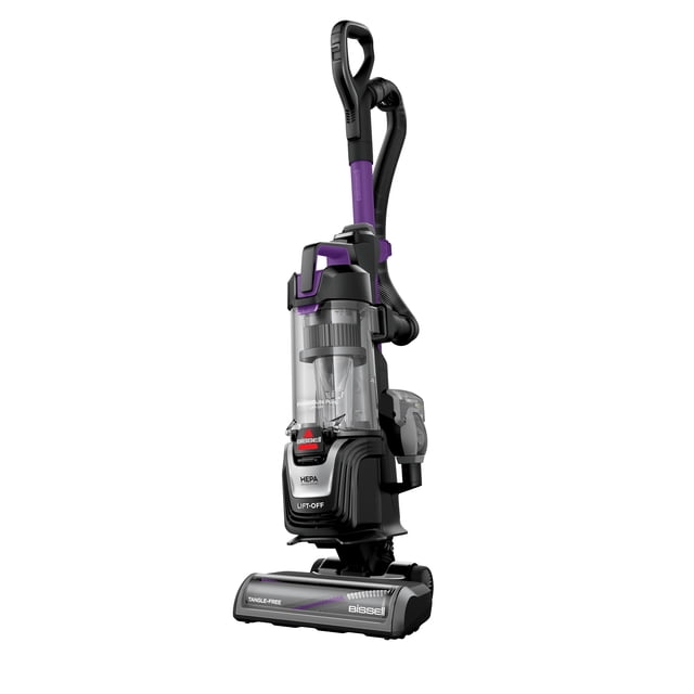 Bissell® PowerGlide® Plus Lift-Off® Pet upright vacuum in black and purple with a clear 1L dirt tank, HEPA sealed allergen system, tangle-free brush roll, scatter-free technology, and detachable Lift-Off pod for easy pet hair and hard floor cleaning.