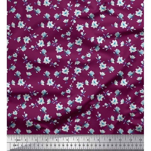 Soimoi Modal Satin Fabric Leaves & Magnolia Floral Print Sewing Fabric Yard 42 Inch Wide