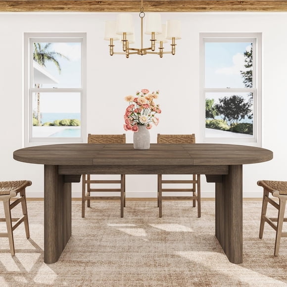 Solid Wood Oval Dining Table for 6-8 – 71" Long, Farmhouse Modern, Sturdy Wooden Base, Multi-Use Executive Desk, Office, Living Room – Brown-1800