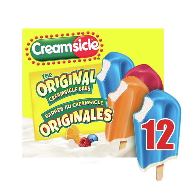 Popsicle Creamsicle Frozen Dessert Bars box with yellow packaging featuring the Creamsicle logo and bilingual text 'The Original Creamsicle Bars' and 'Barres au Creamsicle Originales.' Three partially eaten frozen dessert bars in orange, raspberry red, and blueberry blue with creamy white centers are shown in front. The box contains 12 bars, suitable for a low-calorie summer snack enjoyed by all ages.