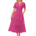 thumbnail image 2 of WRKEKC Robe Maxi à Manches Courtes en Dentelle Ajourée à Col en V pour Femme avec Ourlet Plissé Robe d'Été Bohème, 2 of 6
