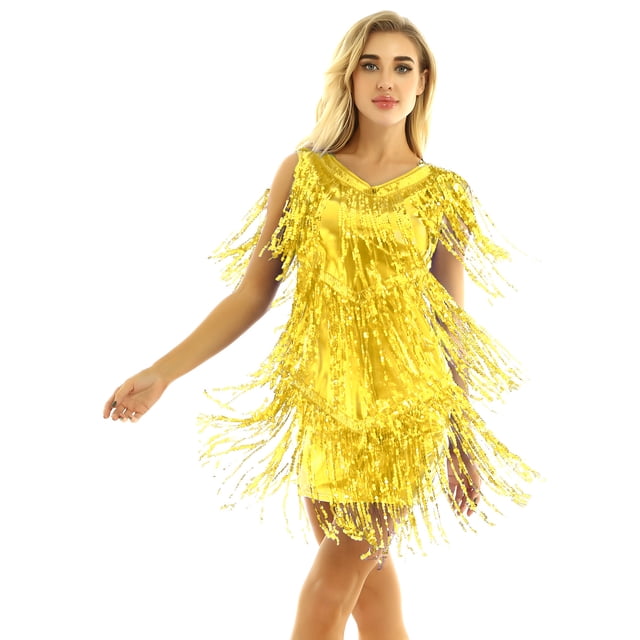iEFiEL Robe Mini à Sequins Brillants à Franges pour Femmes en Faux Cuir Col en V Sans Manches Tenue de Danse Samba Or L