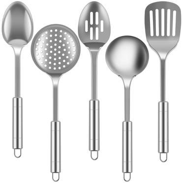 Ihvewuo 5pcs Metal Stainless Steel Utensil for Cooking Kitchen Cooking Utensils Set Kitchen Gadgets Tools Set Spoons Spatula Sets with Ergonomic Handle Hanging Hole Reusable