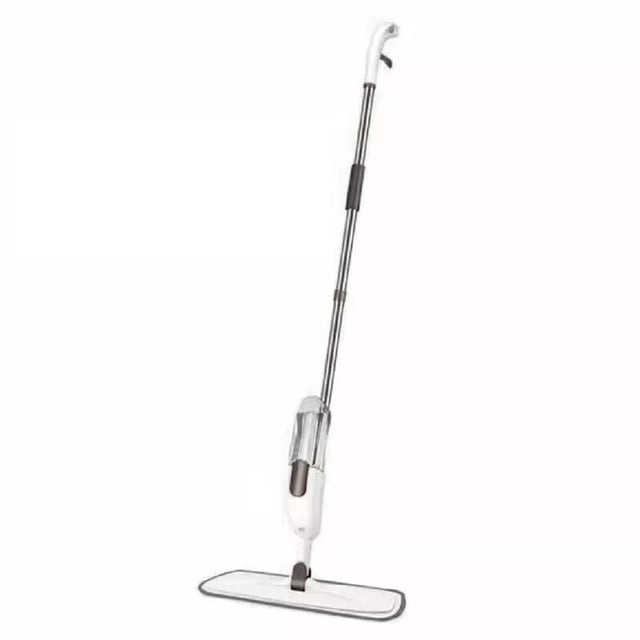 Water Spray Mop Washable Microfiber Clean Degerming Spray Mop by TOYTEXX, featuring a 360° rotating mop head for cleaning hard-to-reach corners. Includes a 350mL transparent water tank with a press trigger for spraying water, a washable microfiber pad, and a cleaning scraper. Designed for wet and dry use on surfaces like hardwood, ceramic tiles, vinyl, laminates, marble, and sealed concrete. Made of durable PP plastic with an ergonomic handle for easy use. Dimensions: 15 x 42 x 125 cm.