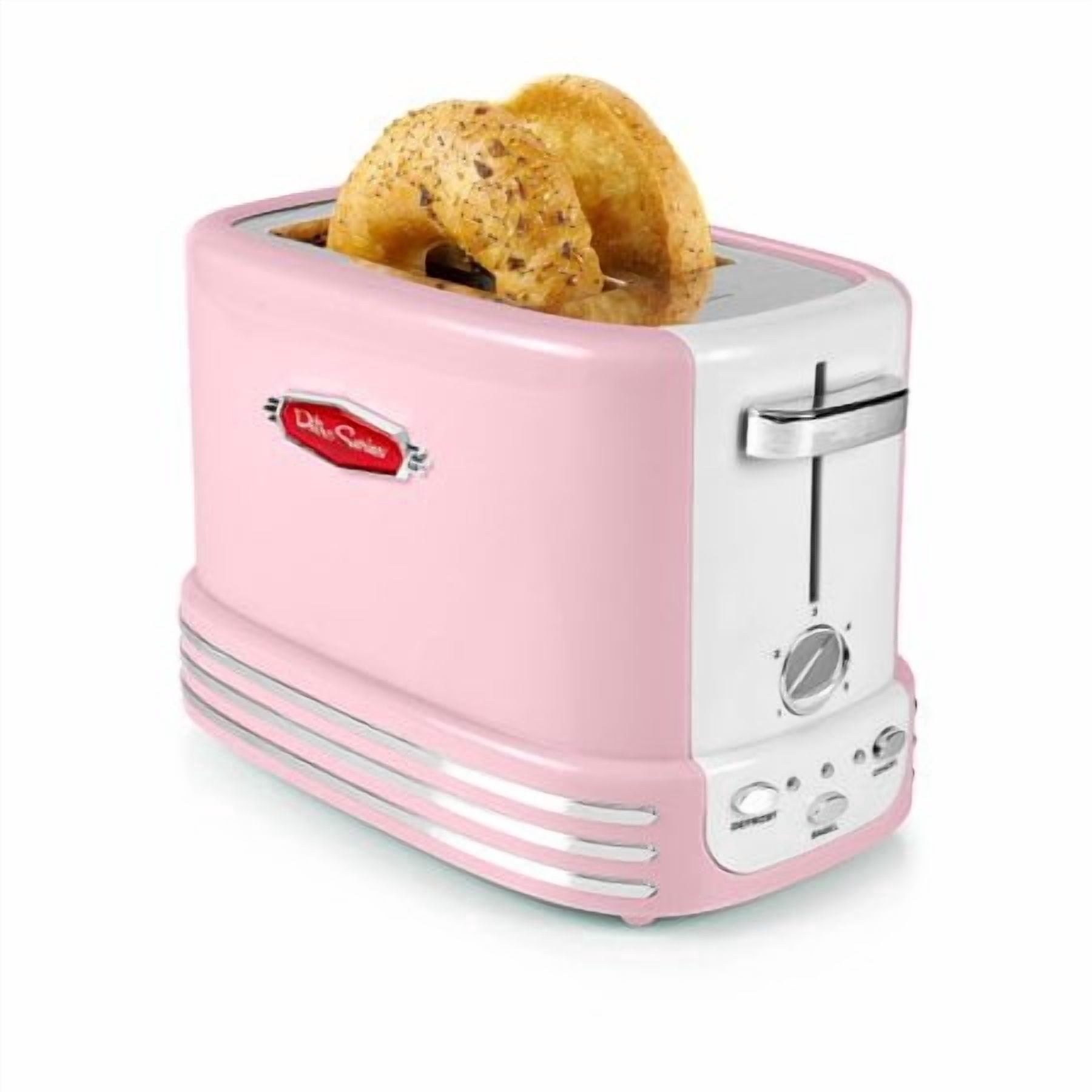 Nostalgia Retro 2-Slice Toaster, Pink with Vintage Design, Crumb Tray, Cord Storage & 5 Toasting Levels