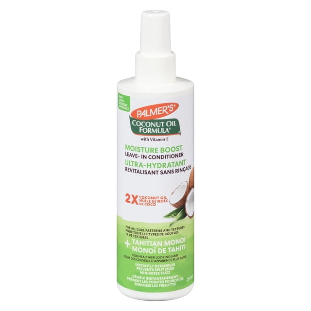 Coconut Oil Leave in Conditioner by Palmer's in a 250ml white spray bottle with green and orange label featuring coconut halves, enriched with Vitamin E and Tahitian Monoi to hydrate, detangle, reduce frizz, and prevent split ends for dry, damaged, and color-treated hair, suitable for all curl patterns and textures.