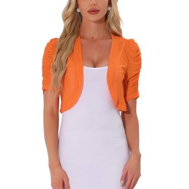 INSPIRE CHIC Casual Short Sleeve Mesh Sheer Shrug for Women's Open Front Cropped Cardiga Bolero XS Orange