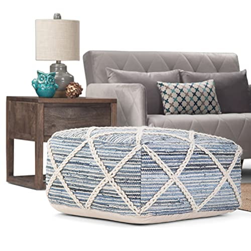 Cowan Pouf Carré Boho Bleu, Tissé à la Main Naturel