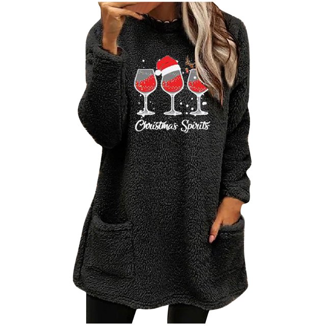 Pisexur Fuzzy Chandails de Noël pour Femmes Doublés en Molleton à Manches Longues à Col Rond Chandail d'Hiver Chaud Imprimé Verres de Vin Rouge Chandail de Noël à Enfiler Hauts avec Poches