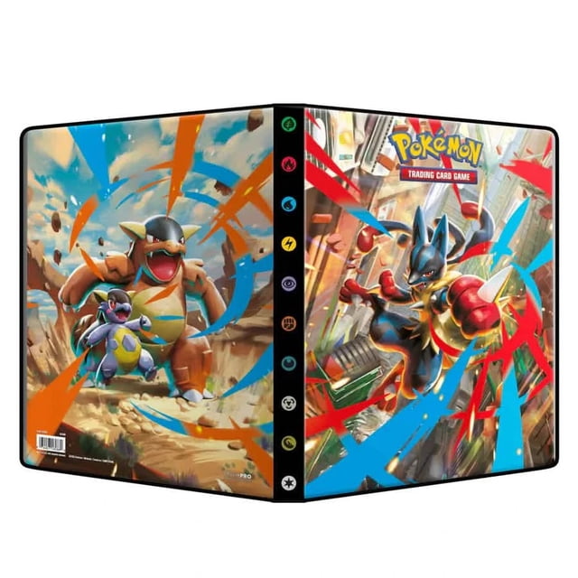 Mega Evolutions 9-Pocket Portfolio Binder featuring vibrant full-art designs of Mega Lucario on the front cover and Mega Kangaskhan on the back cover. Officially licensed Pokémon trading card game binder holds up to 126 standard size cards single-loaded or 252 cards double-loaded in archival-safe polypropylene pages. Multicolour design made in California, U.S.A.