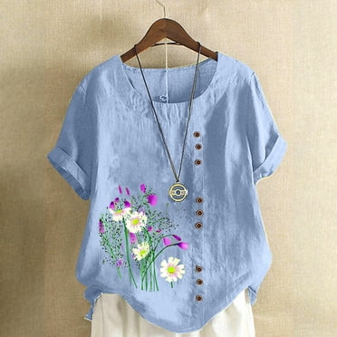 Fankiway Women'S Summer Casual Round Neck Short Sleeve Flower Printing Loose Shirt tops Womens tops Clearance Plus Size Womens Shirts Clearance Womens Spring Clothes 2024