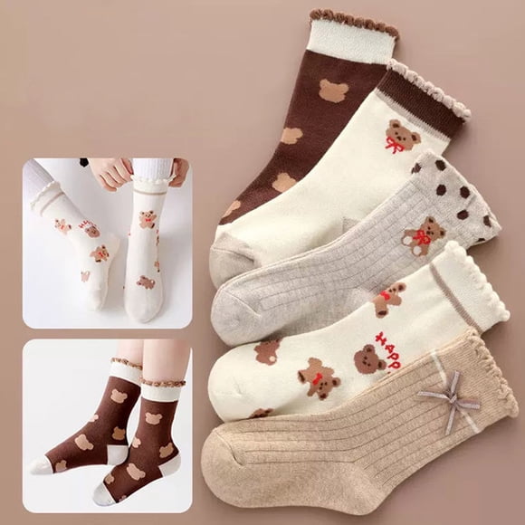 5Pairs/Set Korean Bear Baby Socks Cute Cartoon Print Boy Girl Mid Tube Sock Soft Cotton Toddler Kids Causal Sport Socks A Style fit 2-5 Years