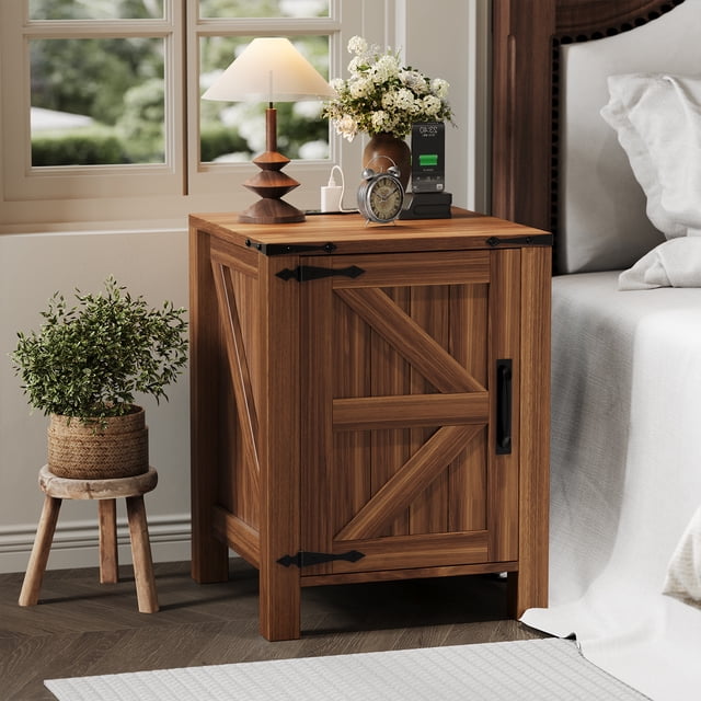GloryStar Rustic 2-Tier Nightstand with USB Charging, Farmhouse Bedside Table with Sliding Barn Door for Bedroom