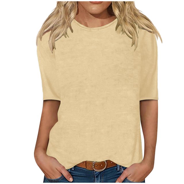 Erwazi T-Shirts à Manches Mi-Longues pour Femmes, Décontractés, Coupe Ample, Col Ras du Cou, Mignons, Unis, Tuniques Basiques