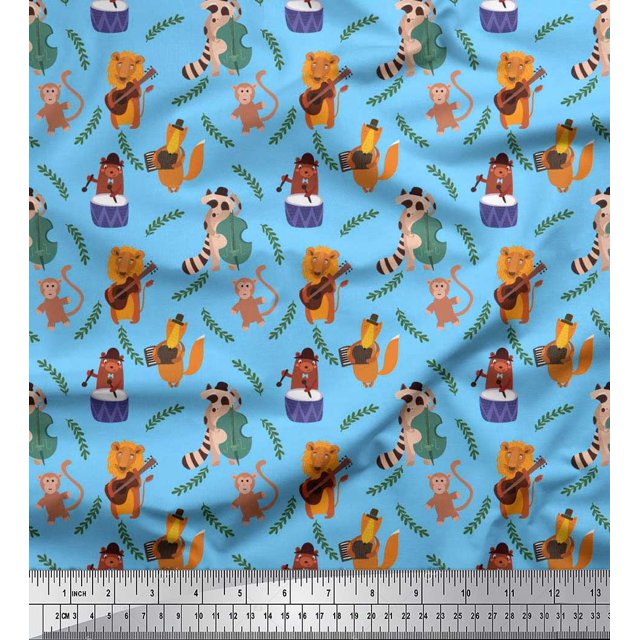 Soimoi Cotton Cambric Fabric Leaves,Musical Instruments & Animals Kids Printed Fabric 1 Yard 56 Inch Wide