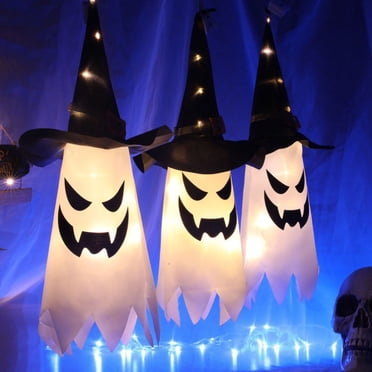 Halloween Hanging Ghost Witch Hats Led Light Up Ghost Windsocks for Decoration(Colorful Lights 3PACKS)