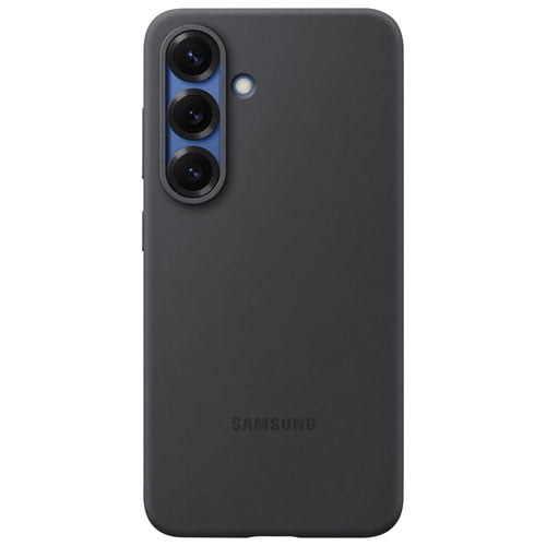 Samsung Galaxy S25 Silicone Case Black with smooth matte silicone exterior, precise cutouts for triple camera lenses and flash, providing shock and UV resistance for everyday drop protection, also suitable for protecting the phone during outdoor use.