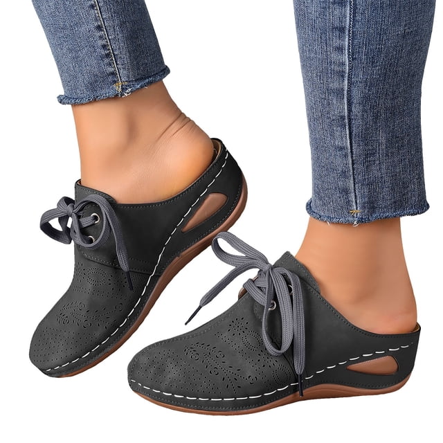 Sabots à Talon Compensé pour Femmes, Mules à Enfiler, Chaussures Confortables à Lacets, Bout Fermé, Sandales d'Été Sans Talon