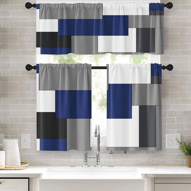 Navy Blue Geometric Kitchen Curtains Checkered Window Curtains and Valances Set 36 Inch, Black Grey White Short Tier Curtain for Kitchen, Modern Abstract Small Kitchen Decor