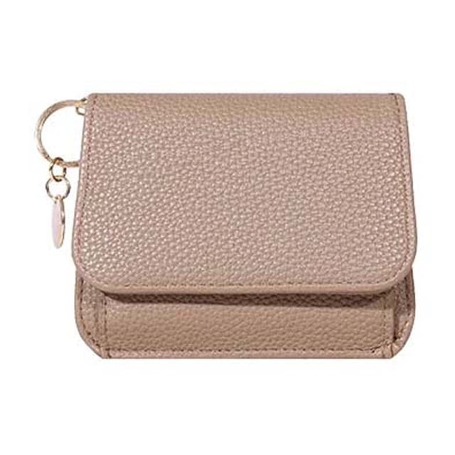 Leather Coin Purse for Women, Small Zipper Wallet, Mini Pocket Pouch crafted from textured leather in a neutral tone. Features a flap closure and gold-tone keyring attachment, offering ample space for coins, cards, and small notes. An elegant leathercraft accessory suitable for daily use or special occasions.