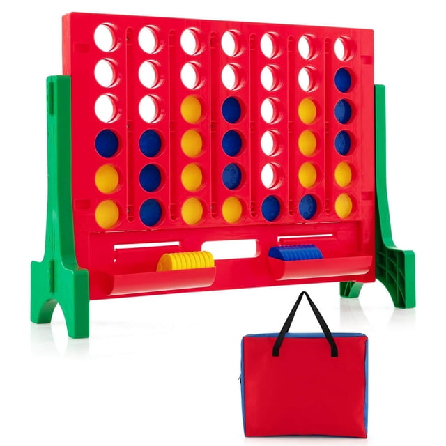 Costway Wall Mounted or Tabletop Giant 4 in a Row Jumbo 4-to-Score Connect Game Set in green and red. The oversized game board features a vibrant red frame with green side supports and includes 42 colorful chesses in yellow and blue. The set comes with a red and blue carrying bag for easy storage and transport. Designed for both wall mounting and tabletop use, this game is ideal for indoor and outdoor gatherings, family game nights, and parties. The board includes two trays for holding chesses and a quick-release bottom panel for resetting the game. Made from durable PP and ABS materials with rounded corners for safety.