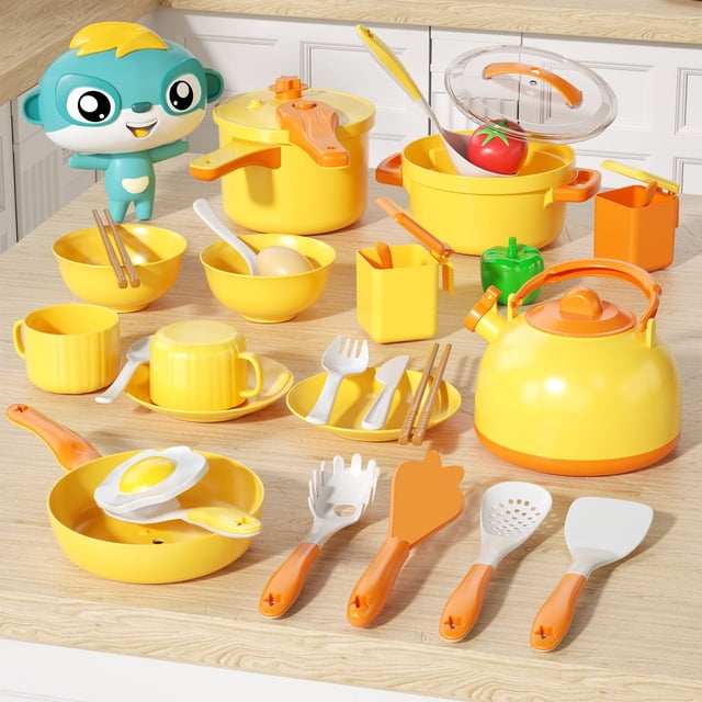 Play Kitchen Toy Set For Kids Yellow 38Pcs Pretend Play Cooking Toy Kitchen Playset Mini Pots Pans Utensils Educational Role Play Toy Childrens Imaginative Learning Set Yellow