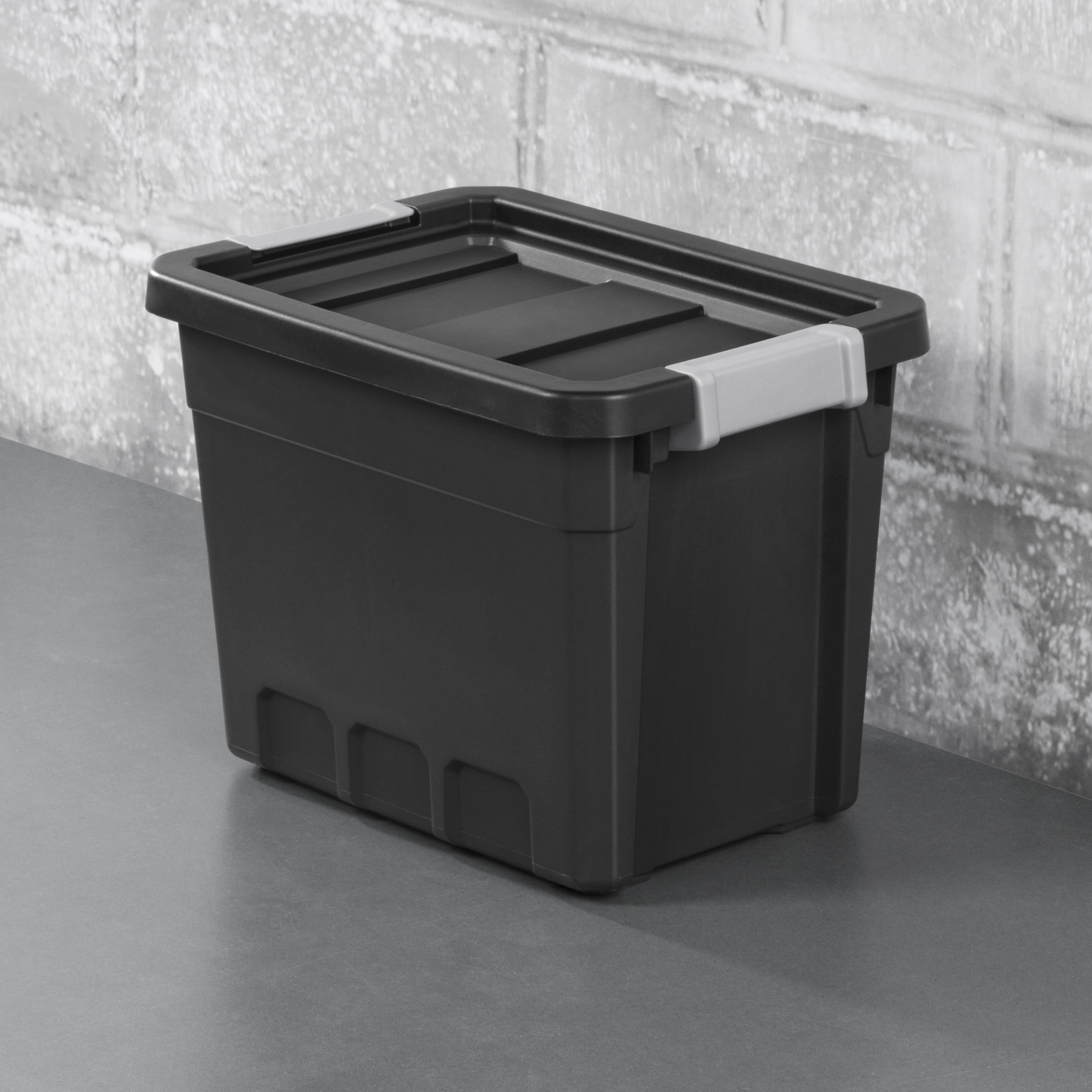 Sterilite 28 Liter Stacker Box, Durable Plastic Storage Bin with Latch Lid, Black - 6 Pk