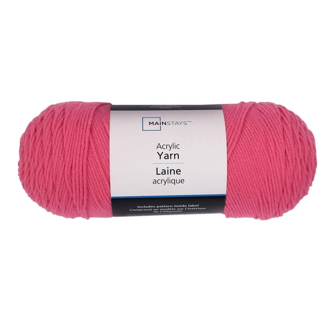 Mainstays Acrylic Yarn medium weight worsted 100% acrylic skein in vibrant pink with label showing brand and bilingual text, ideal for hand knitting and crocheting apparel, accessories, and home decor projects.
