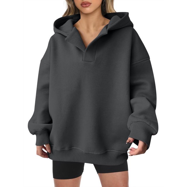 Timegard Chandails en Molleton pour Femmes Col en V Manches Longues Chandails à Capuchon Surdimensionnés Haut Blouse Décontractée Ample Confortable Chandail