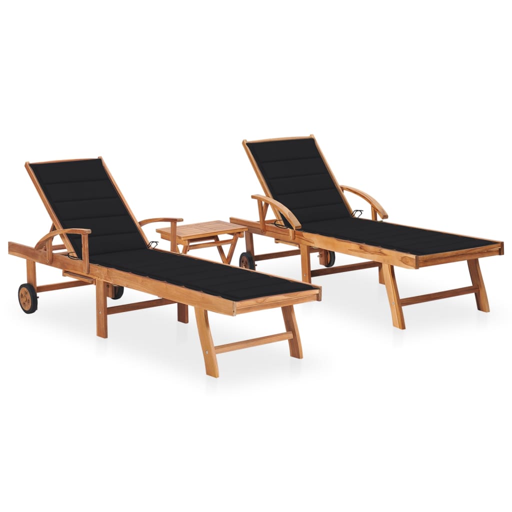 vidaXL Chaises Longues 2 Pcs avec Table et Coussin en Bois de Teck Massif