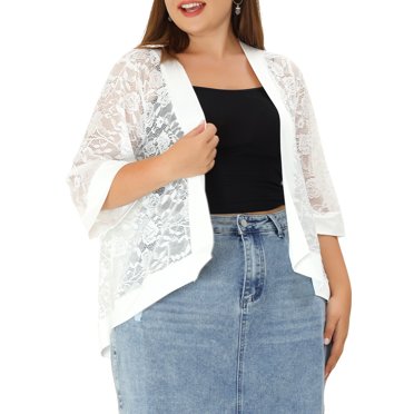 Agnes Orinda Cardigan au Crochet en Dentelle pour Femme Grande Taille Décontracté Manches 3/4 Transparent Léger Couvre-Maillot d'Été 4X Bleu