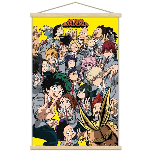 My Hero Academia - Affiche Murale Selfie, 22,375 Po x 34 Po Présentant une Impression Lustrée à Haute Résolution de Personnages d'Anime My Hero Academia en Uniforme Scolaire en Pose avec des Signes de Paix sur un Fond Jaune Vif, Convenant à des Oeuvres Murales Vibrantes et à la Déco de Chambre.