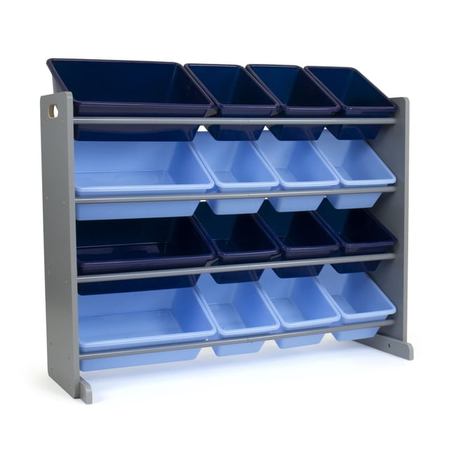 Humble Crew Leo Supersized Toy Storage Organizer with 16 plastic bins in grey and blue, featuring a four-tier engineered wood frame with steel rods holding removable bins sized for toddlers and preschoolers, ideal for organizing toys, books, and games while encouraging sorting skills.