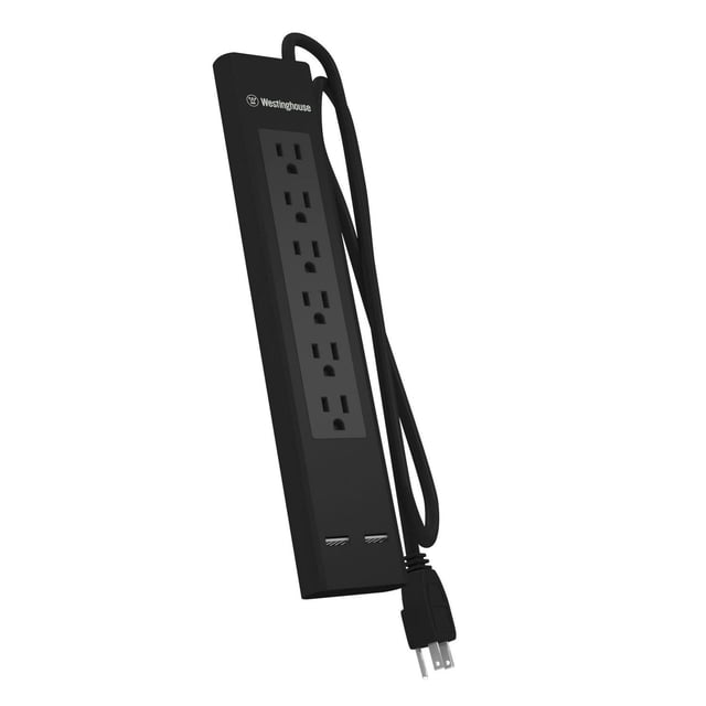 Westinghouse 400J USB Surge Protector with six grounded outlets, two USB charging ports (3.1A total), 3-foot 14/3 AWG cord, and on/off switch with resettable circuit breaker, designed for safe power management and device charging.