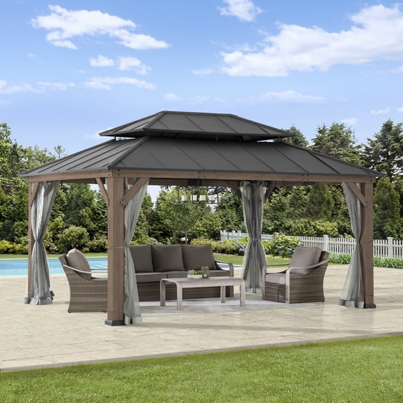 Sunjoy Gazebo en bois 12 x 16 pieds, gazebo d'extérieur avec toit rigide en acier, gazebo en bois avec cadre en cèdre et toit métallique à deux niveaux, adapté aux terrasses, pelouses et jardins, brun