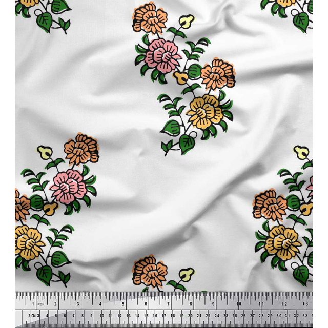 Soimoi Modal Satin Fabric Leaves & Floral Block Print Fabric by Yard 42 Inch Wide