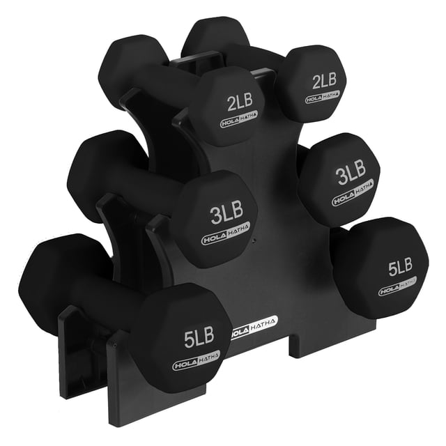 HolaHatha 2, 3, and 5 Pound Neoprene Dumbbell Free Weight Set with Rack featuring six black neoprene-coated dumbbells with hexagonal ends, labeled with their respective weights, organized on a compact black storage rack. Perfect for strength training, home gym setups, and physical therapy exercises.