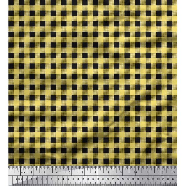 Soimoi Yellow polyester Crepe Fabric Check Check Print Fabric by Yard 52 Inch Wide