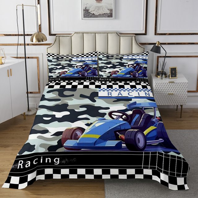 Go Kart Bedspread Set Karting Race Cars Coverlet Set,Blue Camouflage Quilt Set Queen,Racing Extreme Sport Quilted Abstract Camo Room Decor