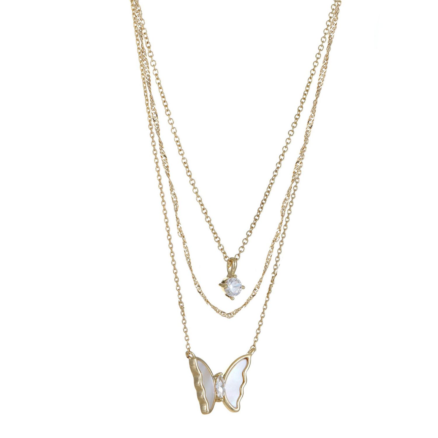 Luxury Designs Gold Plated Trio Layered Necklace – Mother of Pearl Butterfly & CZ Necklace