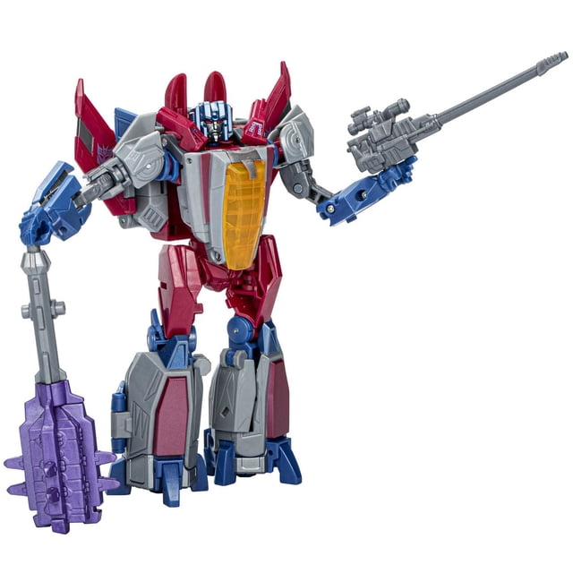 Transformers Studio Series Voyager Transformers: War for Cybertron 06 Starscream action figure in articulated robot mode with red, blue, gray, and yellow detailing, holding a long gray blaster and a purple mace accessory, suitable for collectible display and play.