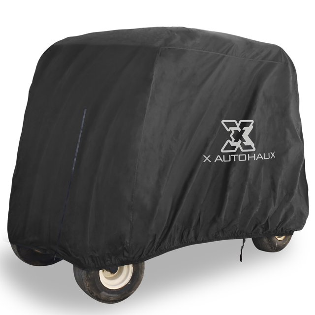 Unique Bargains Waterproof Outdoor Sun Rain Resistant Golf Cart Protective Cover in black polyester fabric, designed to fit most standard 4-passenger golf carts, including EZGO, Club, and Yamaha models. The cover measures 285x122x168cm (112.20x48.03x66.14 inches) and features reinforced seams, a back zipper for easy access, and an elastic band with an adjustable windproof buckle for secure placement. Made of high-strength tear-resistant 400D Oxford cloth with UV coating, it protects against sunlight and rain. Includes a storage bag for convenient storage.