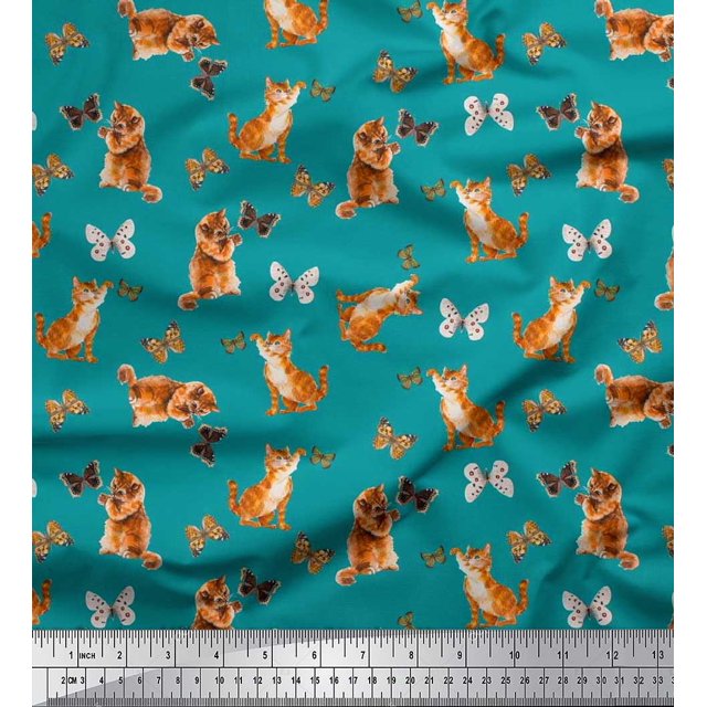 Soimoi Tissu en Voile de Coton Vert Imprimé Insectes & Chats 1 Yard 42 Pouces de Large