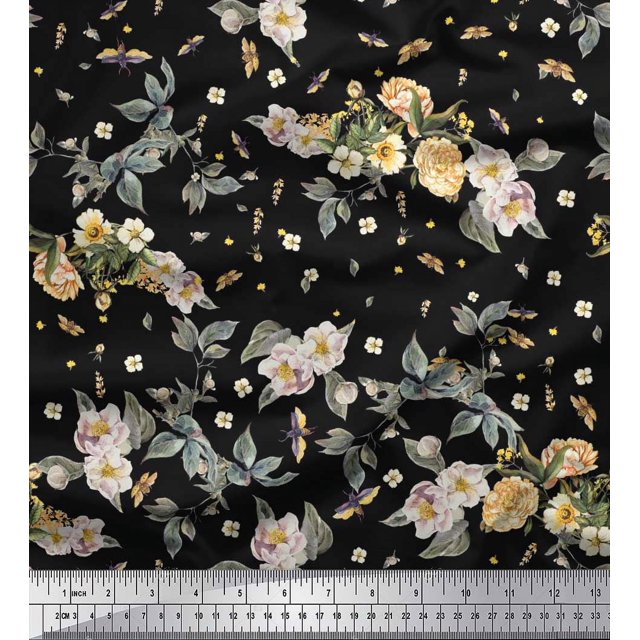 Soimoi polyester Crepe Fabric Leaves,Moth & Magnolia Floral Print Fabric by Yard 52 Inch Wide