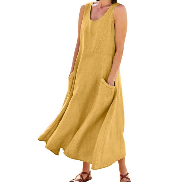 JIRNDf Robes Maxi d'Été pour Femmes Tendance Couleur Unie Col Rond Poches Longues Robes d'Été Quotidiennes pour Femmes Robe Boho Jaune P