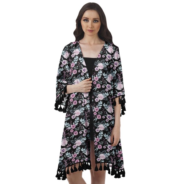 Moomaya Front Open Printed Shrug 3/4 Sleeve Georgette Beach Cover Up For Women