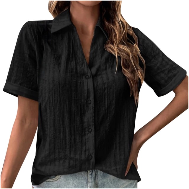Hauts à Manches Courtes pour Femmes Été Femmes T-shirt Décontracté Uni à Manches Courtes Col Rabattu Boutons Cardigan Blouse Hauts