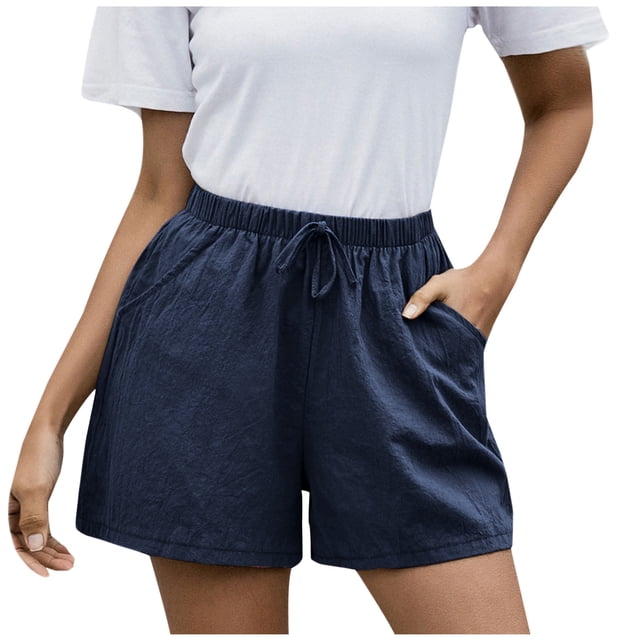 Timegard Cotton Linen Shorts for Women Elastic Waisted Drawstring Wide Leg Lounge Shorts with Pocket