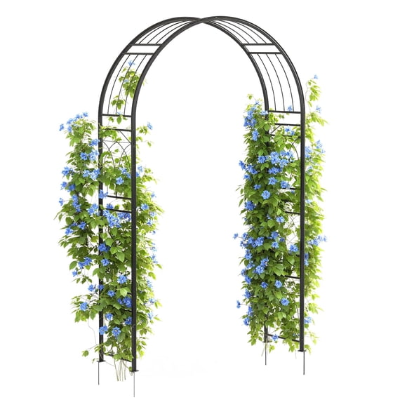 Sturdy 8 FT Metal Garden Arch Arbor Trellis – Outdoor Rustproof Steel Archway with Ground Stakes – Ideal for Climbing Plants, Weddings, Parties – Classic Black