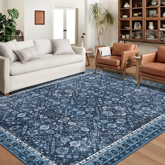 Garvee Tapis Vintage 5'x7' Lavable Persan, Tapis Boho Antidérapant Doux à Motif pour Chambre, Salle à Manger, Salon, Bleu
